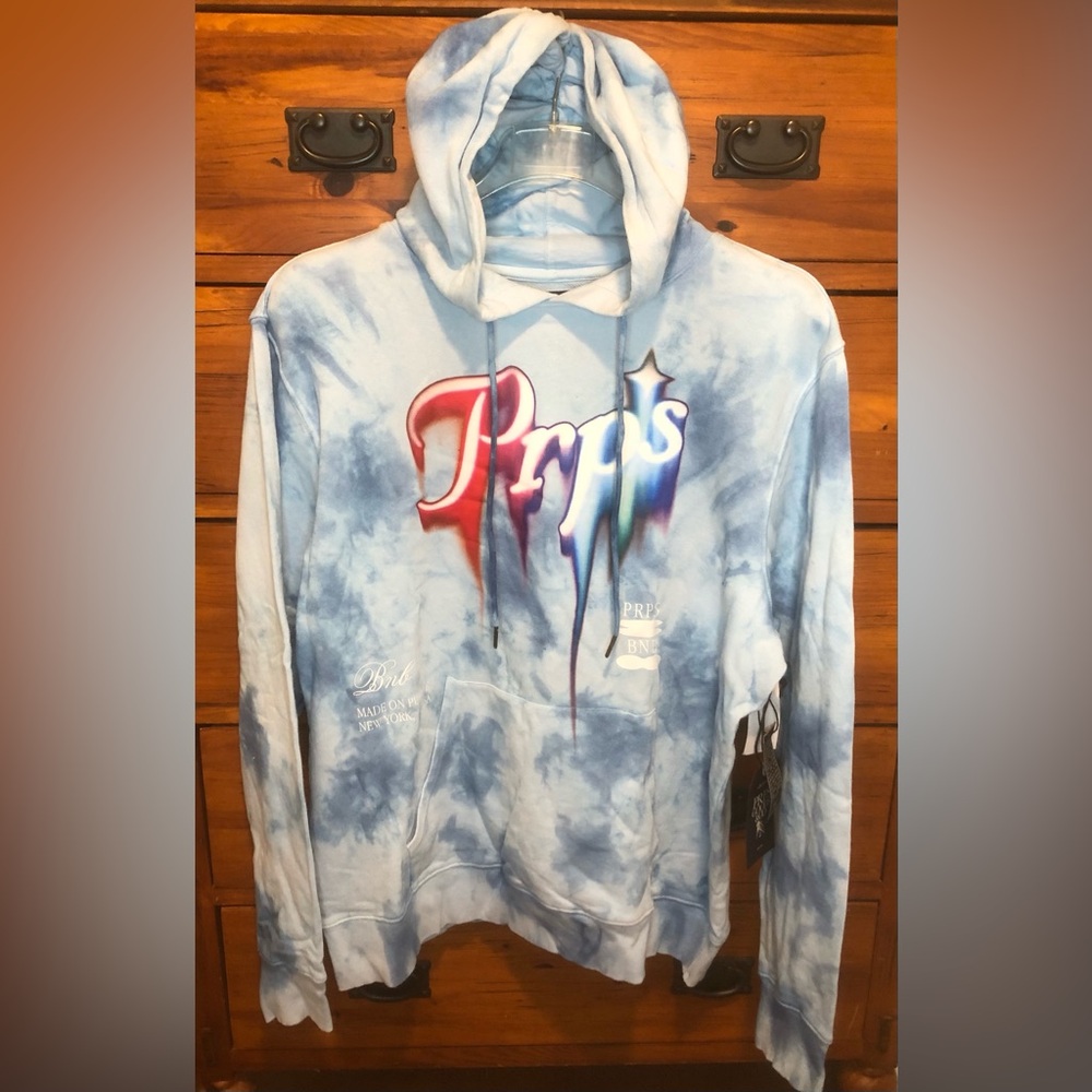 PRPS x Denim Jeans Tie-Dye Hoodie Sweatshirt Blue/Red Spray Paint Logo Size 2XL
